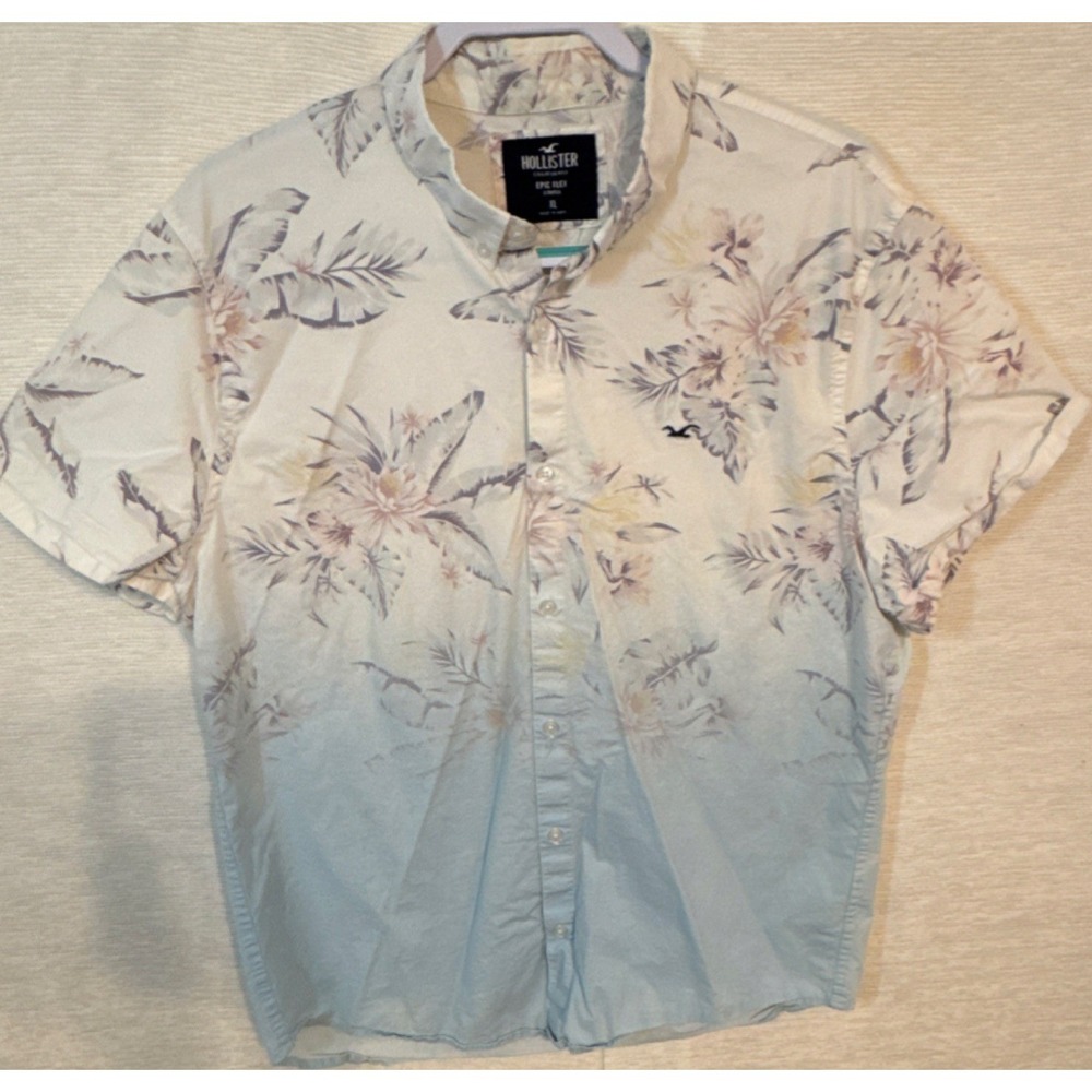 Hollister Epic Flex Stretch Floral Short Sleeve Shirt Men's XL White Blue